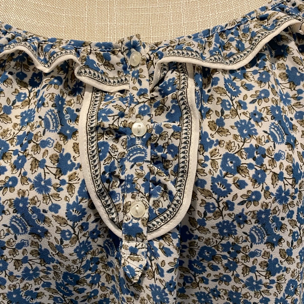 Max Studio Blue White Floral Peasant Blouse 1X Plus Size 3/4 Puff Sleeves - Picture 3 of 9